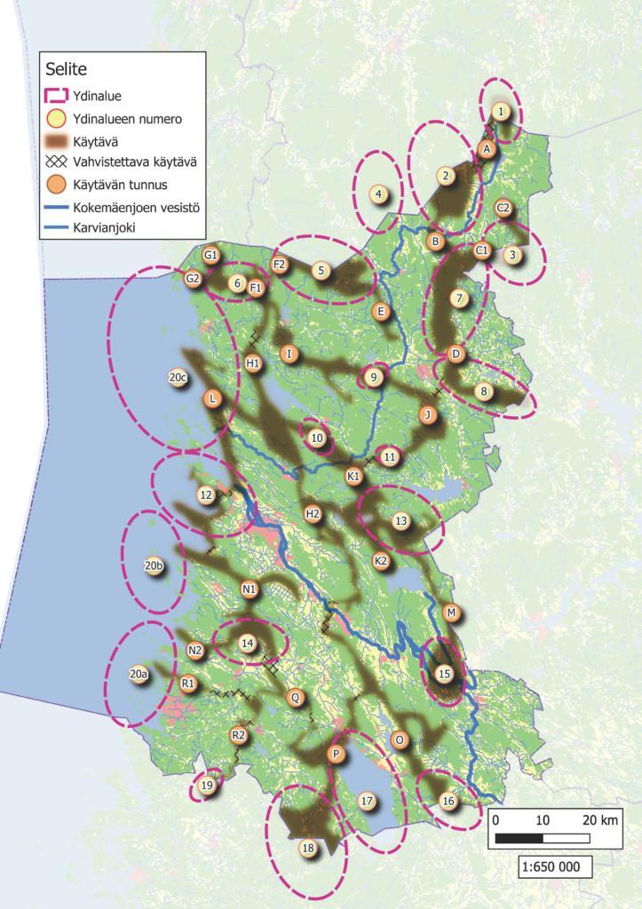 Karttaote Satakunnan viherrakenneselvityksessä esitetyistä luonnon ydinalueista ja viherkäytävistä (Ahlman Group Oy 2021)