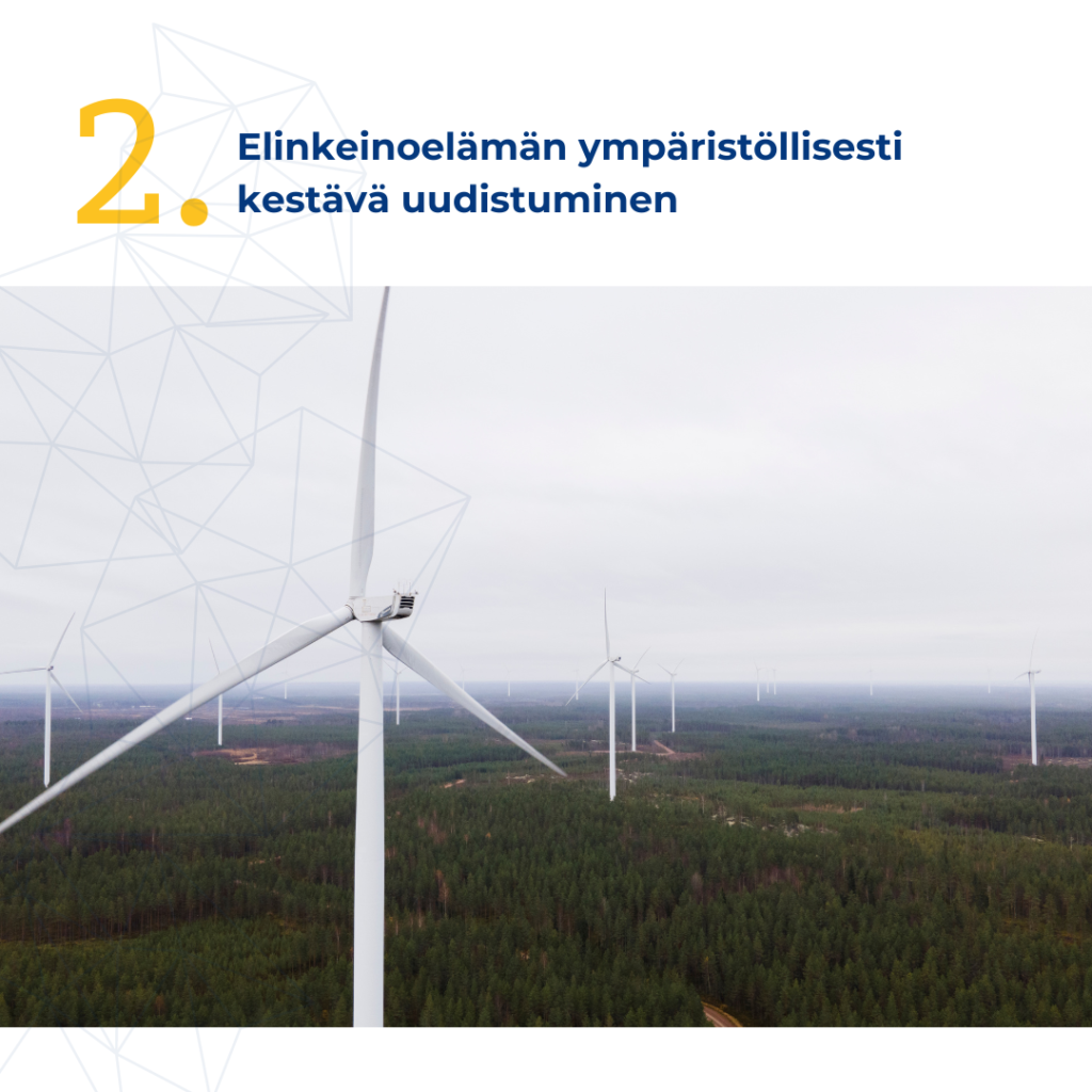 Kuvassa tuulivoimala ja tekstinä on Tavoite 2: Elinkeinoelämän ympäristöllisesti kestävä uudistuminen. 