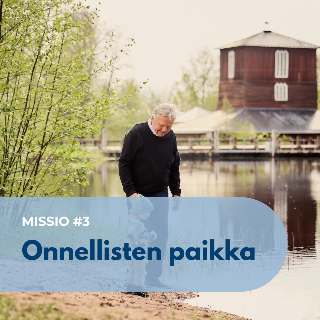 Kuvassa vesialueen vieressä vanhempi mies pitämässä pientä lasta kädestä. Kuvassa myös tekstilaatikko, jossa lukee missio #3 Onnellisten paikka.